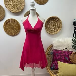 Vintage Y2K 2000s Fave Halter Mini Dress Medium Pink Lace Trim Seamed Bodice